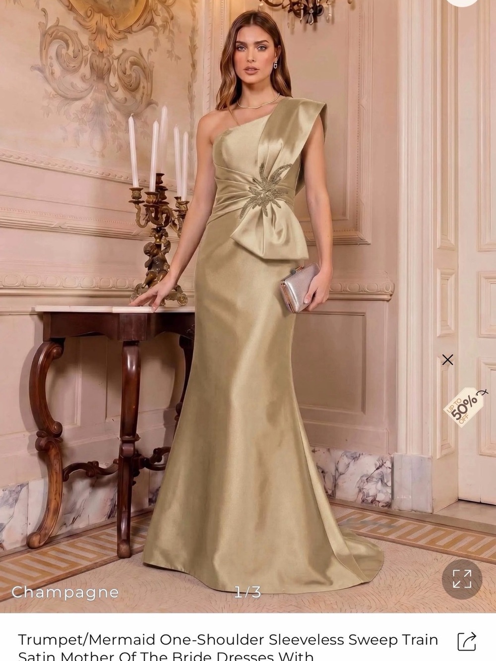 One-Shoulder Champagne Satin Evening Dress with Draped Bow Detail